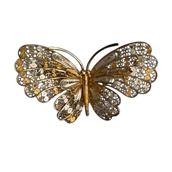 Antique 800 Gold & Silver Overlay Filigree Butterfly Pin Brooch Elegant Jewelry - Picture 2 of 6